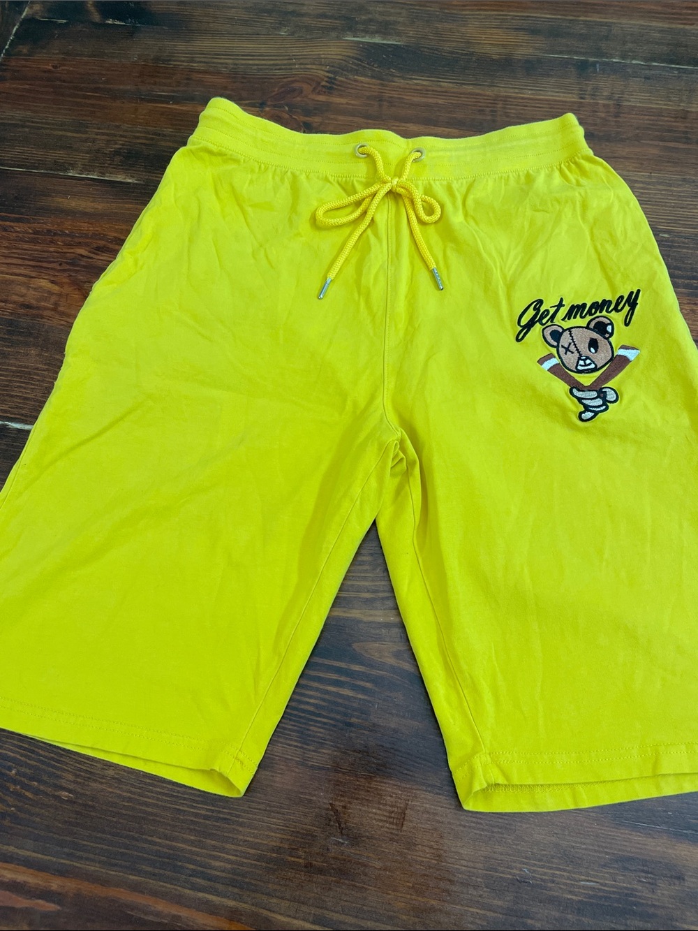 Men's Yellow Drawstring Swim Shorts with 'Get Money' Patch XL